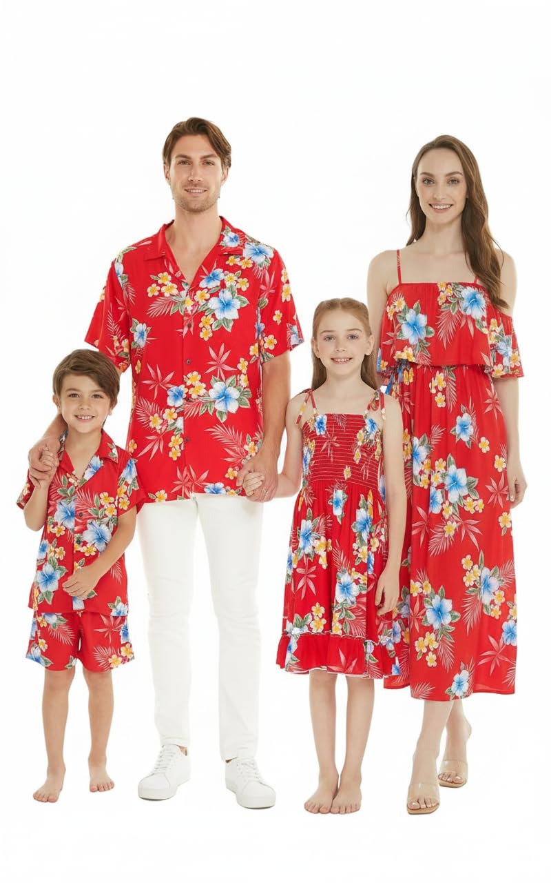 Matchable Family Hawaiian Luau Men Women Girl Boy Clothes in Hibiscus Red