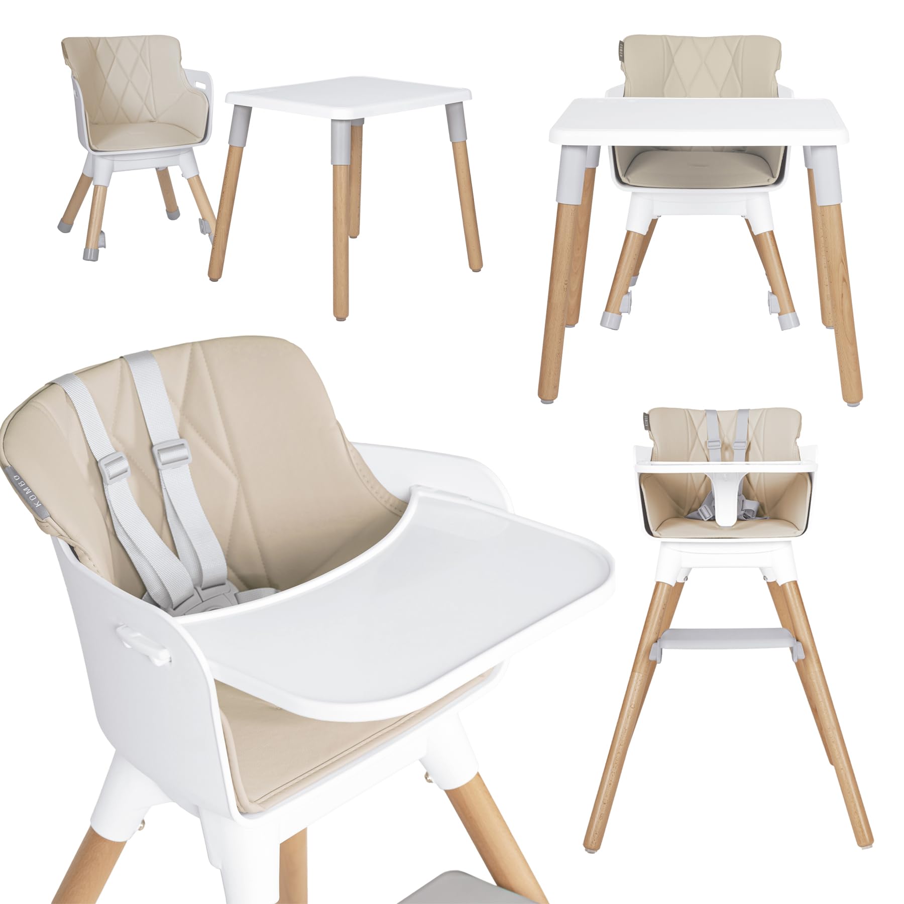 Olmitos – Trona bebé Convertible 2 en 1 Mesa con Silla para Niños KOMBO - Seguridad, Madera de Haya, Arnés de 5 Puntos, Plegable y Ajustable – 6+ meses hasta 15kg (Beige)