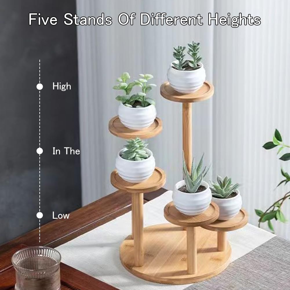 ® Soporte elevador de plantas de madera de 5 niveles, soporte de mesa para macetas de plantas, soporte de bambú para plantas suculentas, soporte elevador para macetas, soporte para exhibición de 4