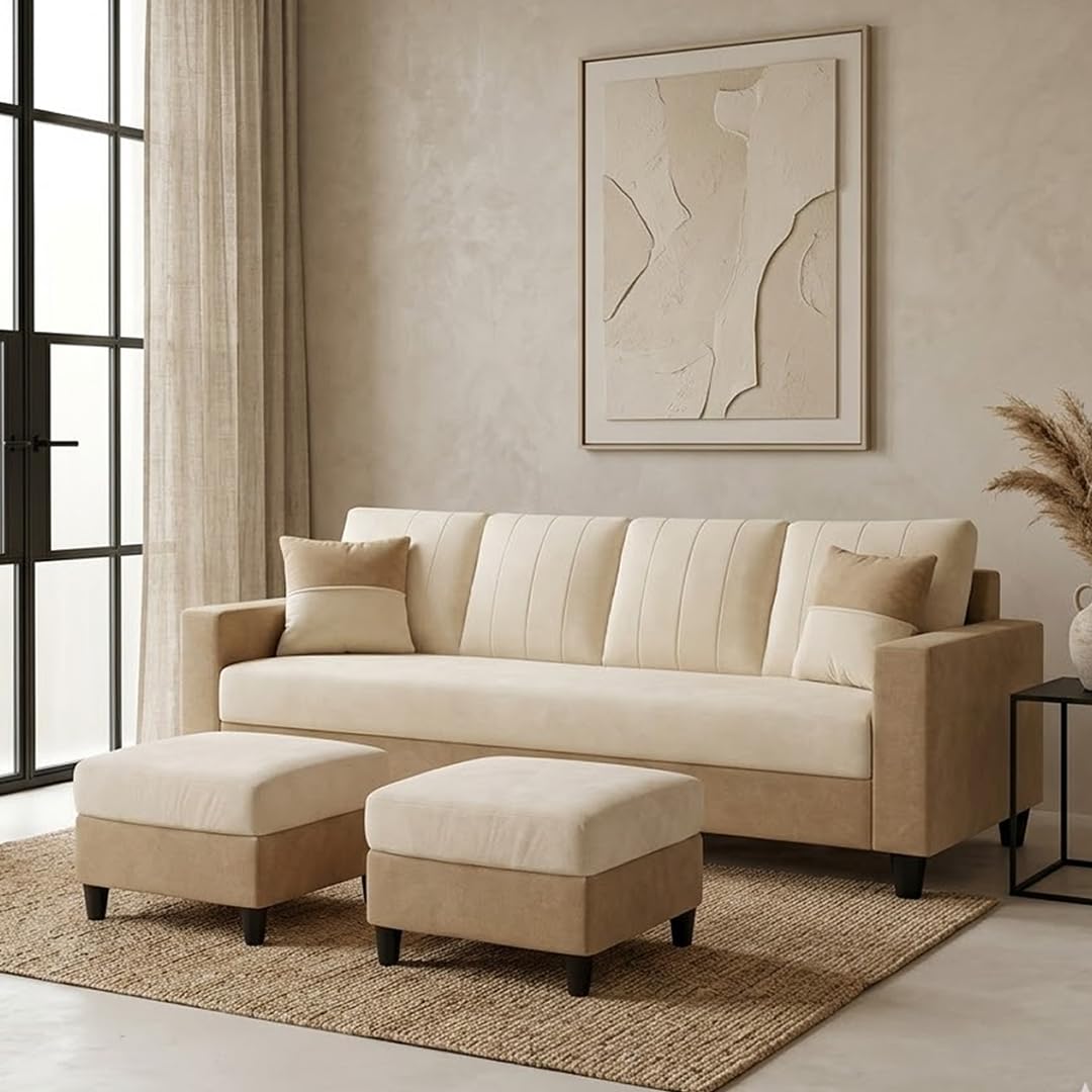CASASTYLE Claire 4 Seater Velvet Fabric Sofa Set with 2 Ottomans (Cream - Beige) | Premium Soft Velvet | Plush Comfort Cushions | Modern Living Room Sofa-image-11