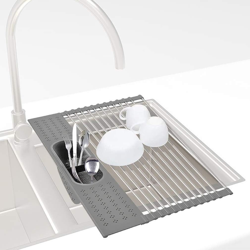 Dish Drying Rack Roll Up Dish Drying Rack Set Over The Sink Large Dish Drying Rack with Utensil Holder Foldable Stainless Steel Dish Drying Rack (Grey)