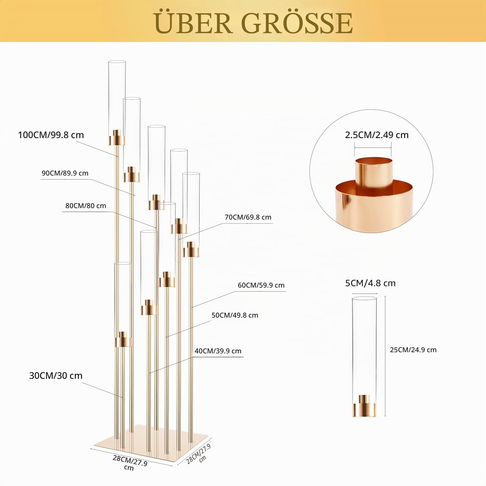 Boden-Kerzenhalter mit Acryl-Lampenschirm, 125 cm hoch, Acryl-Kerzenhalter für konische LED-Kerzen, goldfarbenes Mittelstück für Tisch, Hochzeit, Party, Event, Empfang, Heimdekoration (Gold)