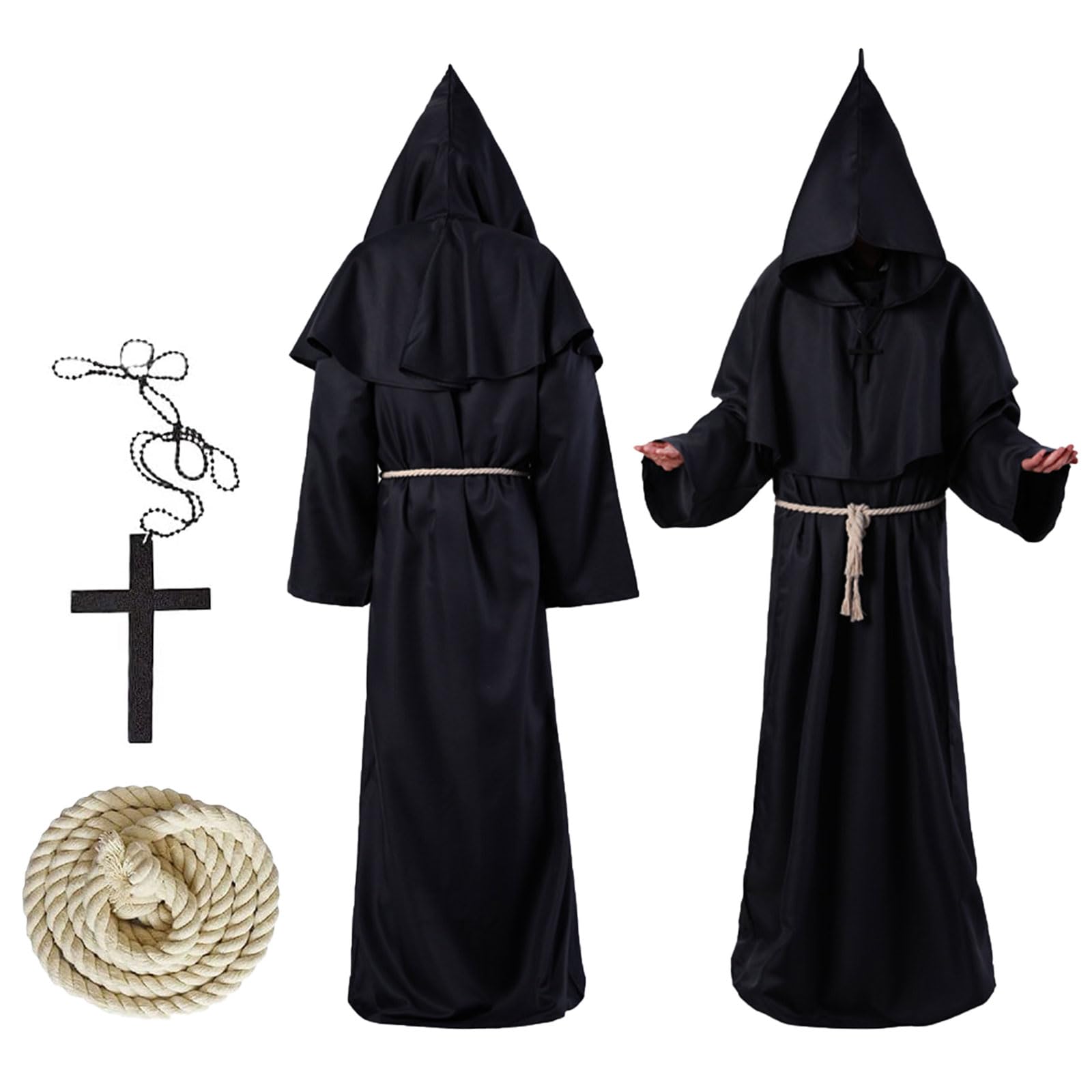 Disfraz de Monje Sacerdote, Disfraz Halloween Hombre con Collar de Cruz y Cinturón, Disfraz Medieval Hombre para Hombre, Halloween, Disfraz de Mardi Gras