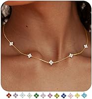 SOLEVAN Dainty Clover Birthstone Necklace for Women - 14K Gold Plated Non-Tarnish Choker, Layered Flower Stackable Jewelry Gift for Birthdays Weddings