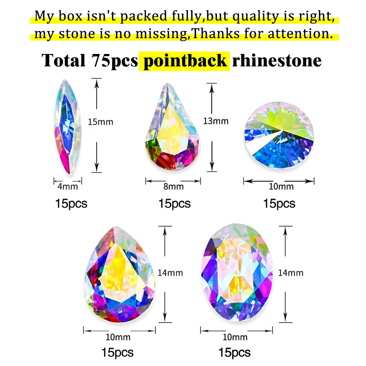 Dong ZHOU 75 Pieces DIY Nail Art Rhinestone Crystal AB Glass Rhinestone Nail Set Loose Beads Crystal Sewing On Stone Pointed Back Jewelry Rhinestone Gems Decorations for Nail Art Craft