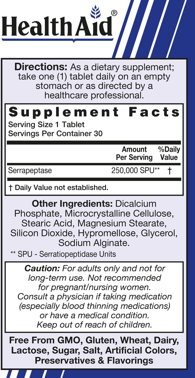 HealthAid Serrapeptase 250,000 SPU – High Potency Proteolytic Enzyme – Enteric-Coated, Delayed Release – Supports Systemic Enzyme Activity & Protein Breakdown – Once Daily, Vegan – 30 Tablets*