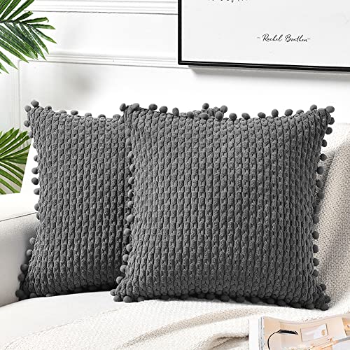 Fancy Homi Set of 2 Dark Gray Decorative Throw Pillow Covers 16x16 Inch with Pom-poms for Couch Bedroom Living Room, Modern Farmhouse Boho Home Decor, Soft Plush Corduroy Cute Cushion Case 40x40 cm