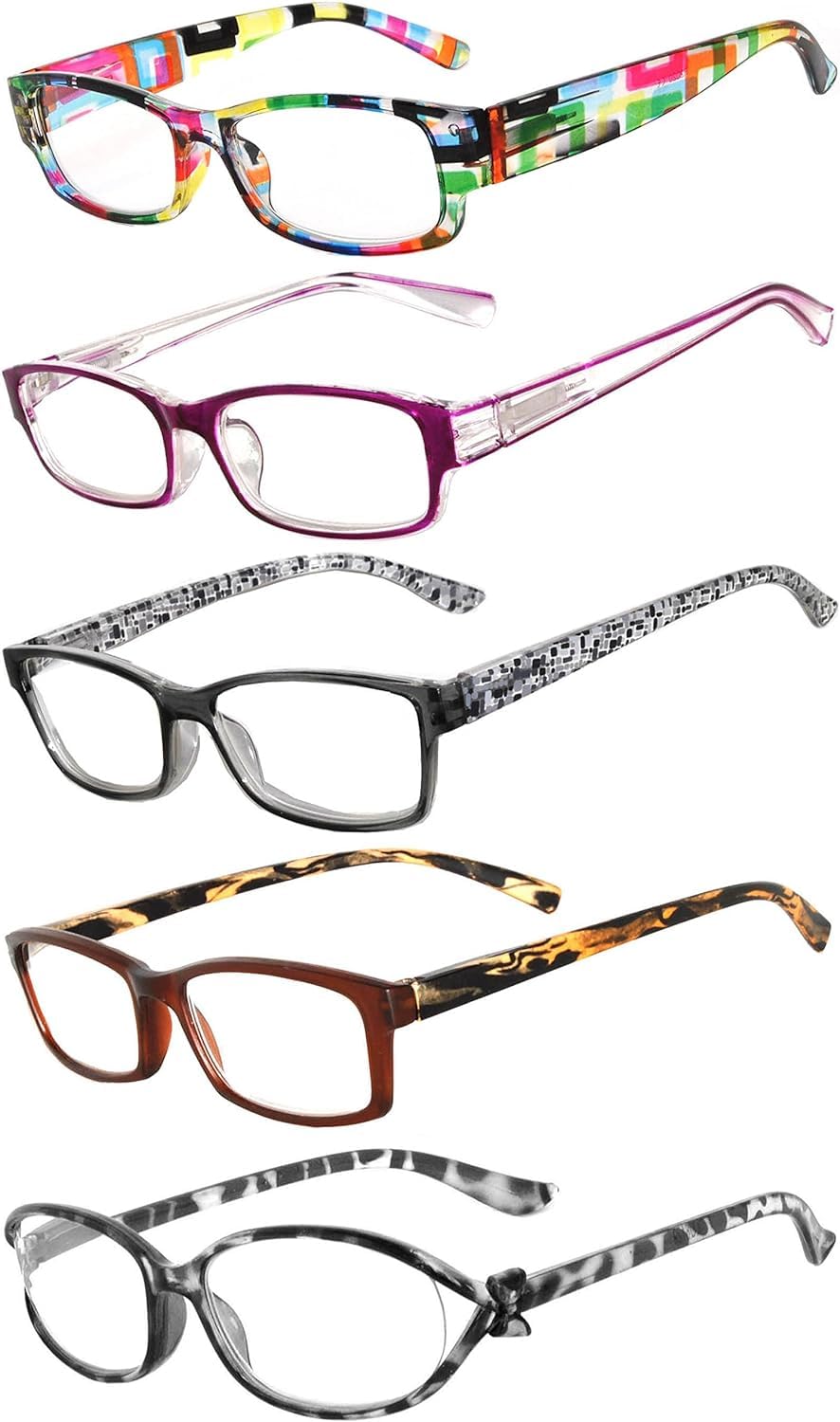 OWL Readers 5 Pack of Elegant Womens Reading Glasses with Beautiful Patterns for Ladies Deluxe Spring Hinge Stylish Look