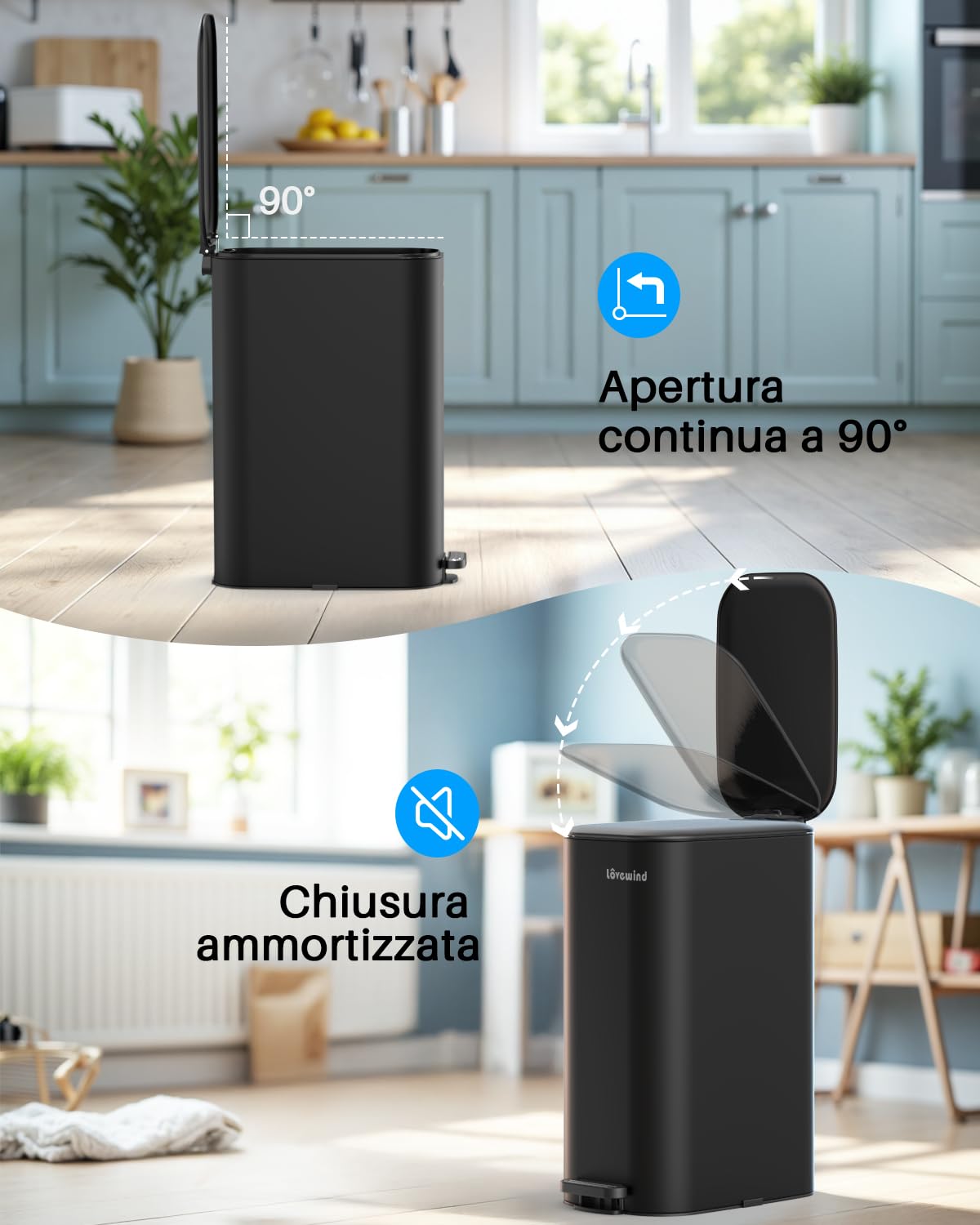 lovewind Cestino Metallico Stretto 30L con Pedale, Coperchio Silenzioso a 90°, Secchio Interno Rimovibile con Doppie Maniglie e Fori per Sacchi, Design Compatto per Cucina, Ufficio, Soggiorno