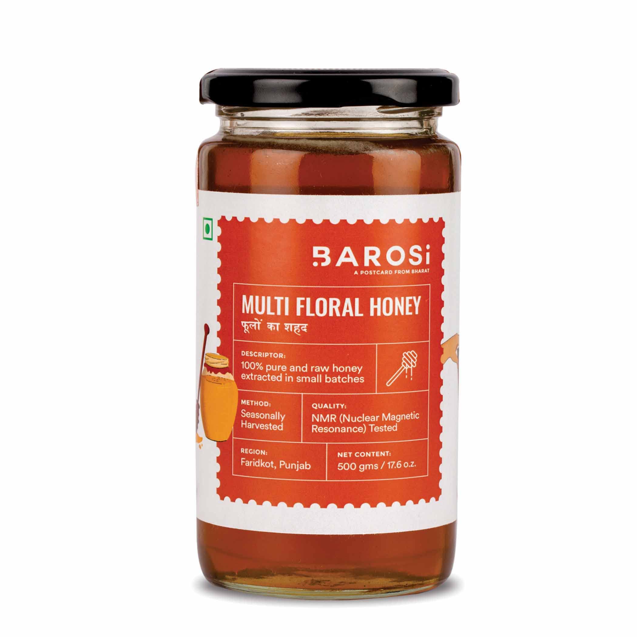 Barosi Multi Floral Honey 500g, NMR Tested, Pure and Raw Immunity Booster, Natural Forest Source, Sustainable Glass Packaging