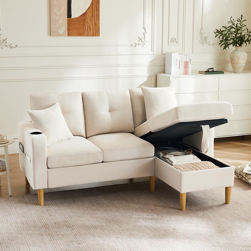 Sweiko Canapé Moderne en L, Sofa 3 Places avec méridienne, Espace de Rangement, Porte-gobelets intégré, 2 Coussins Inclus, idéal pour Le Salon, Le Bureau ou l'appartement. (Beige)
