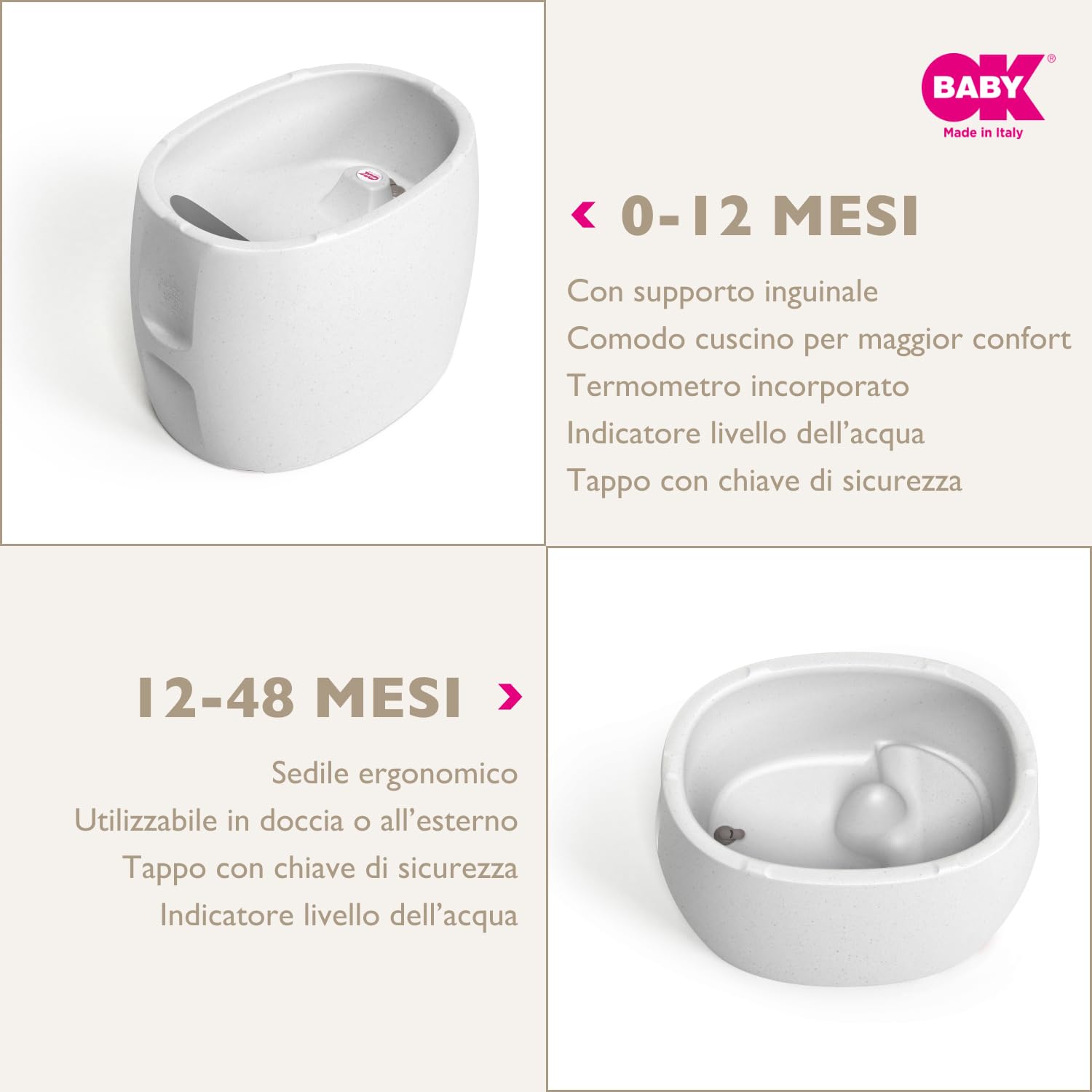 OKBABY Unica - Vasca da Bagno 0-4 Anni con Doppio Utilizzo, Termometro Incorporato e Supporto Ergonomico - Vasca e Mini-Piscina per Bambini - Granito