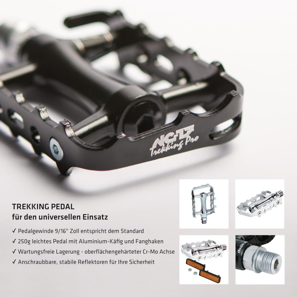 NC-17 Trekking Pro - Pedales de Aluminio para Bicicleta de montaña con reflectores, rodamientos y Eje de Cromo y molibdeno, 251 g por par, Pedal Trekking Pro, Plata