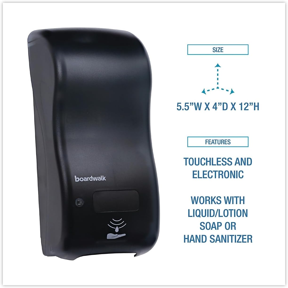 Boardwalk SH900SBBW Rely Hybrid Liquid Soap & Hand Sanitizer Dispenser 900mL Black 12x5.5x4-Inch