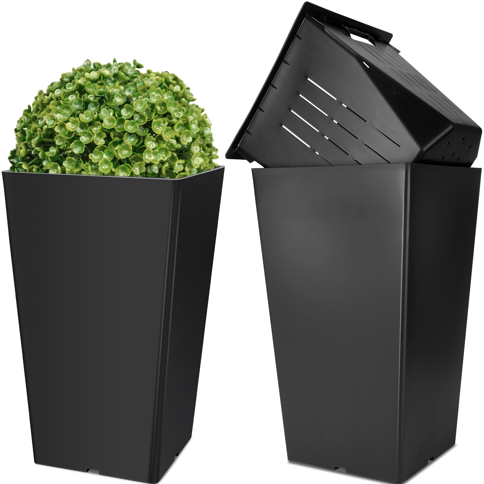 2 Set Tall Outdoor Planters Tall Planters for Outdoor & Indoor, Tall Front Porch Planters Heavy Duty Flower Pot, Black Tall Planters (Baskets (self Watering))