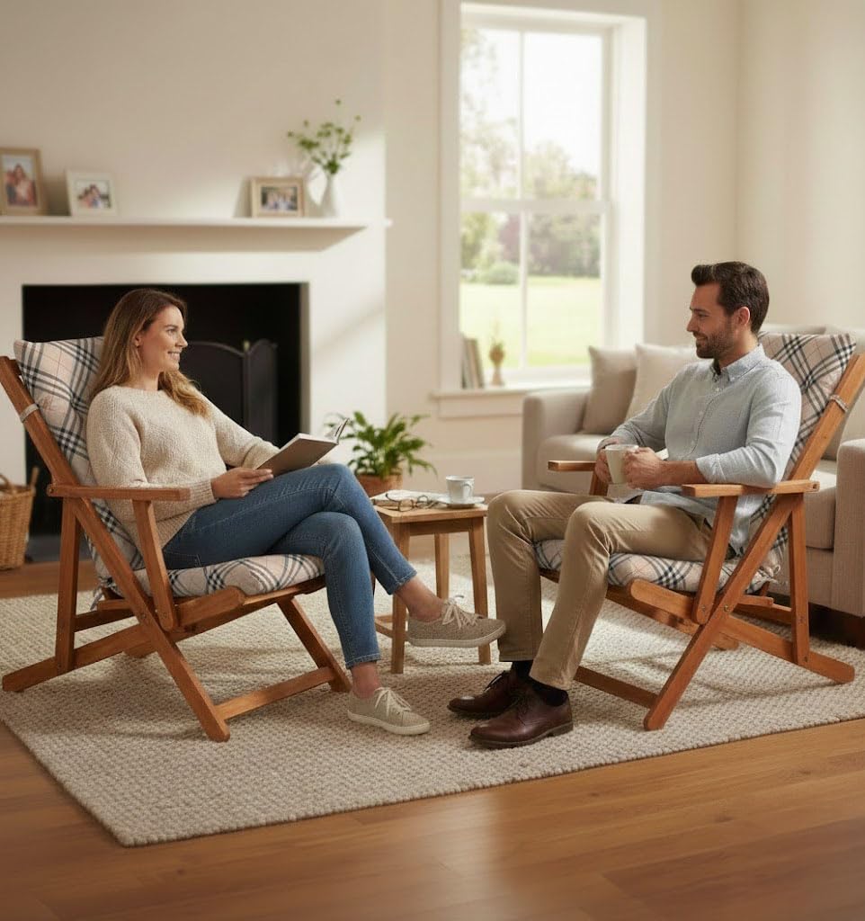 HAND Cuscino Ricambio per Poltrona Relax Harmony – Cuscino Sedia Sdraio 110x45x5 cm – Imbottito, con Elastico e Laccetti – Compatibile Sedie Legno Ferro PVC – Fantasia Beige Scozzese