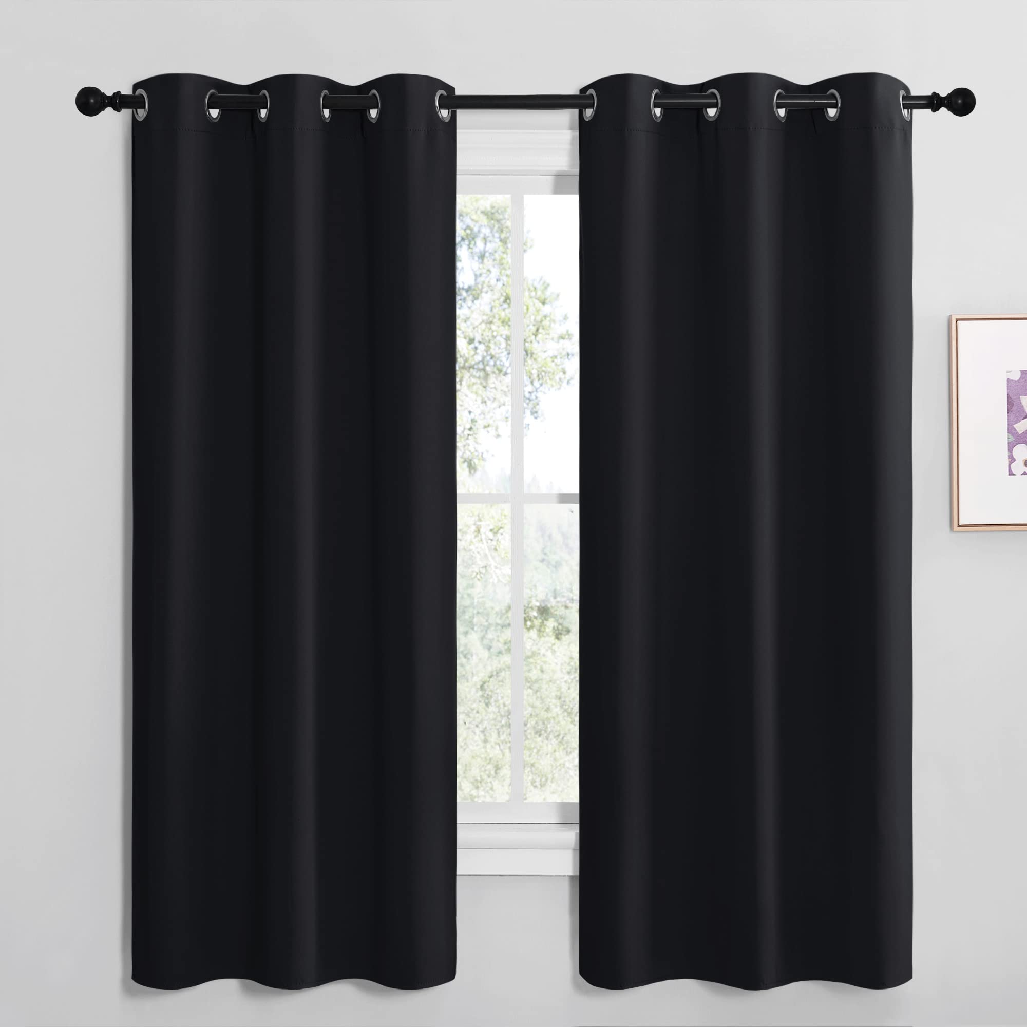 NICETOWN Bathroom Blackout Thermal Curtains and Drapes, Black Solid Thermal Insulated Grommet Blackout Drapery Panels for Window (2 Panels, 42 inches Wide by 68 inches Long, Black)