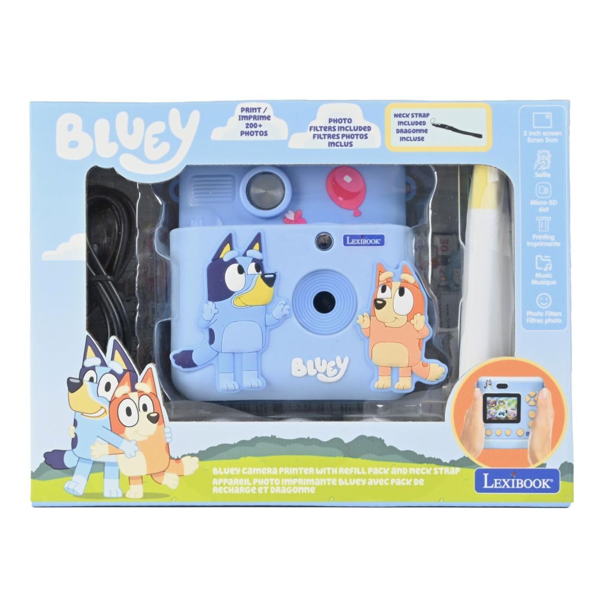 Lexibook, Starcam® Print, zestaw kamera z drukarką natychmiastową, karta SD, 4 rolki papieru, smycz, ochrona 3D Bluey oraz zestaw do personalizacji w komplecie, niebieski, DJ130BYZ