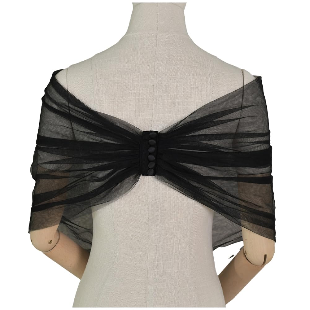 Hrippy Women's Black Bridal Shawl Tulle Sheer Wrap Wedding Pleated Off Shoulder Stole Elegant Formal Shawl With Button Stole Wrap
