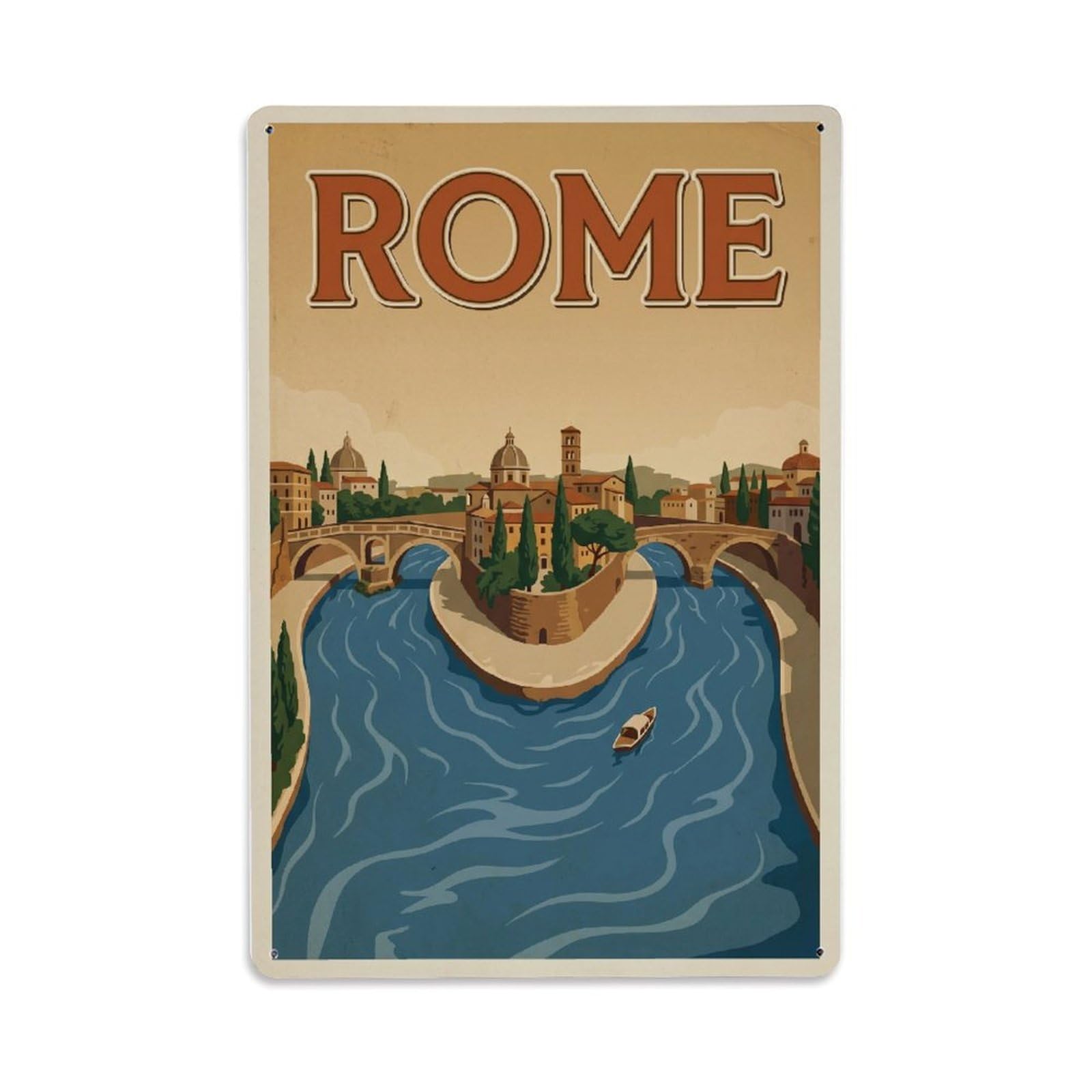 Vintage Travel Rome Tiber Island Historic Bridges Italy Metal Tin Sign Plaque Wall Decor for Cafe, Club Bar, Office, Home Garden Metal Poster 8x12Inch