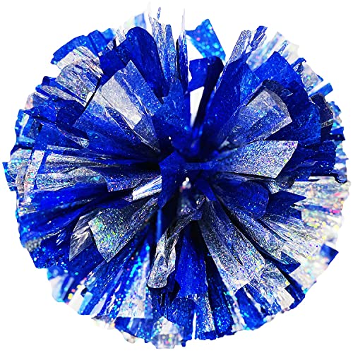 PUZINE Confezione da 2 pompon da cheerleader da 30,5 cm in lamina metallica e plastica ad anello (blu olografico e argento)