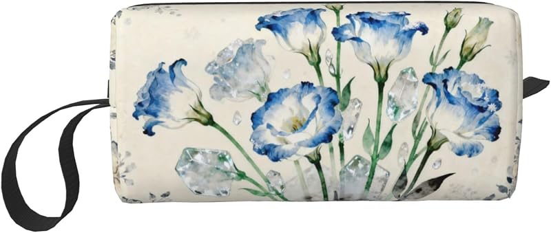 Necessaire de maquiagem OLUSENMO Blue Flower Crystals em tecido Oxford, com zíper e compartimento único