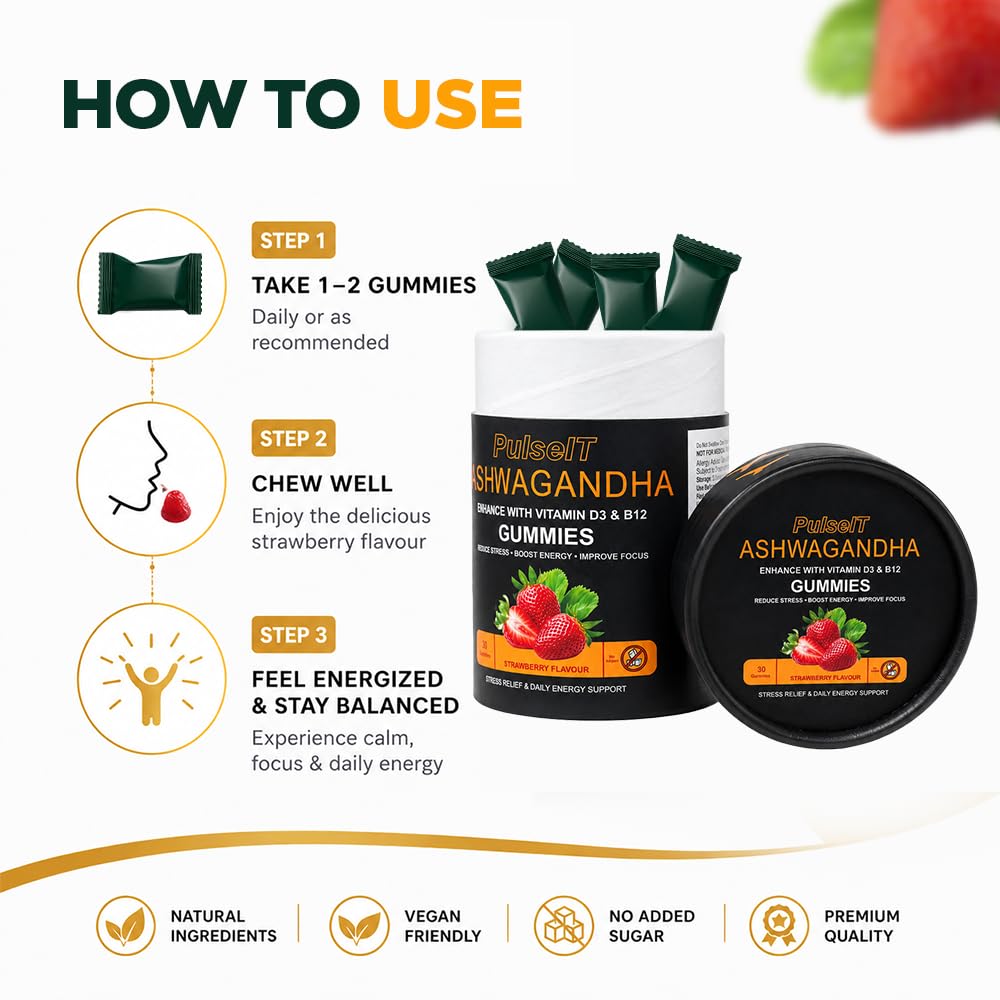 PULSEIT Ashwagandha Elite Gummies for Men & Women | Stress Relief, Calm Mind & Sleep Support | Herbal Ashwagandha Supplement | Strawberry Flavour | No Added Sugar | 30 Gummies — Amazon image 6