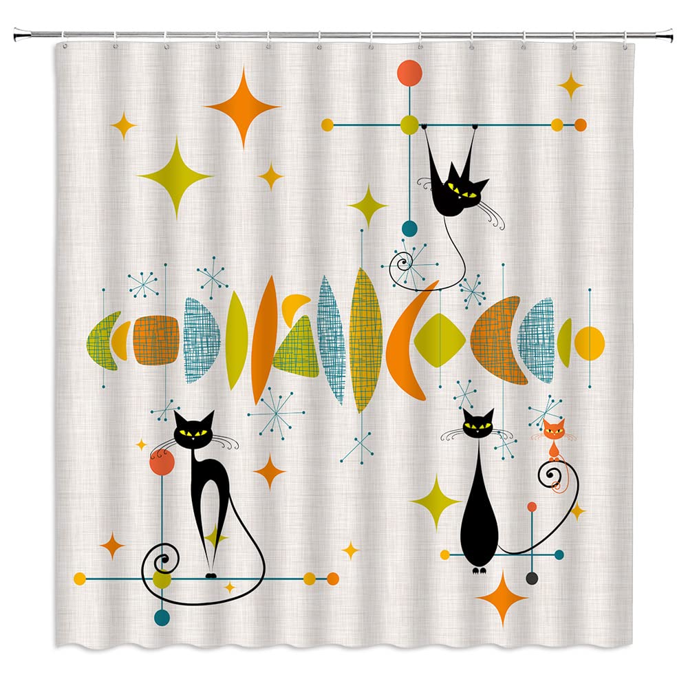 Mid Century Modern Shower Curtain Black Cat Starbursts ​Atomic Stars ​Abstract Iconic Retro Pattern Kitty Animal 1950s 1960s Vintage Creative Geometric Fabric Bathroom Decor Curtain with Hooks