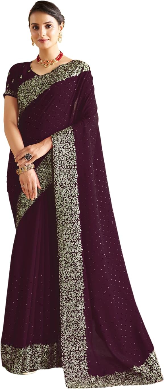 SatraniWomen's Vichitra Silk Hot Fixing Embroidery Border Saree with Unstitched Blouse Piece