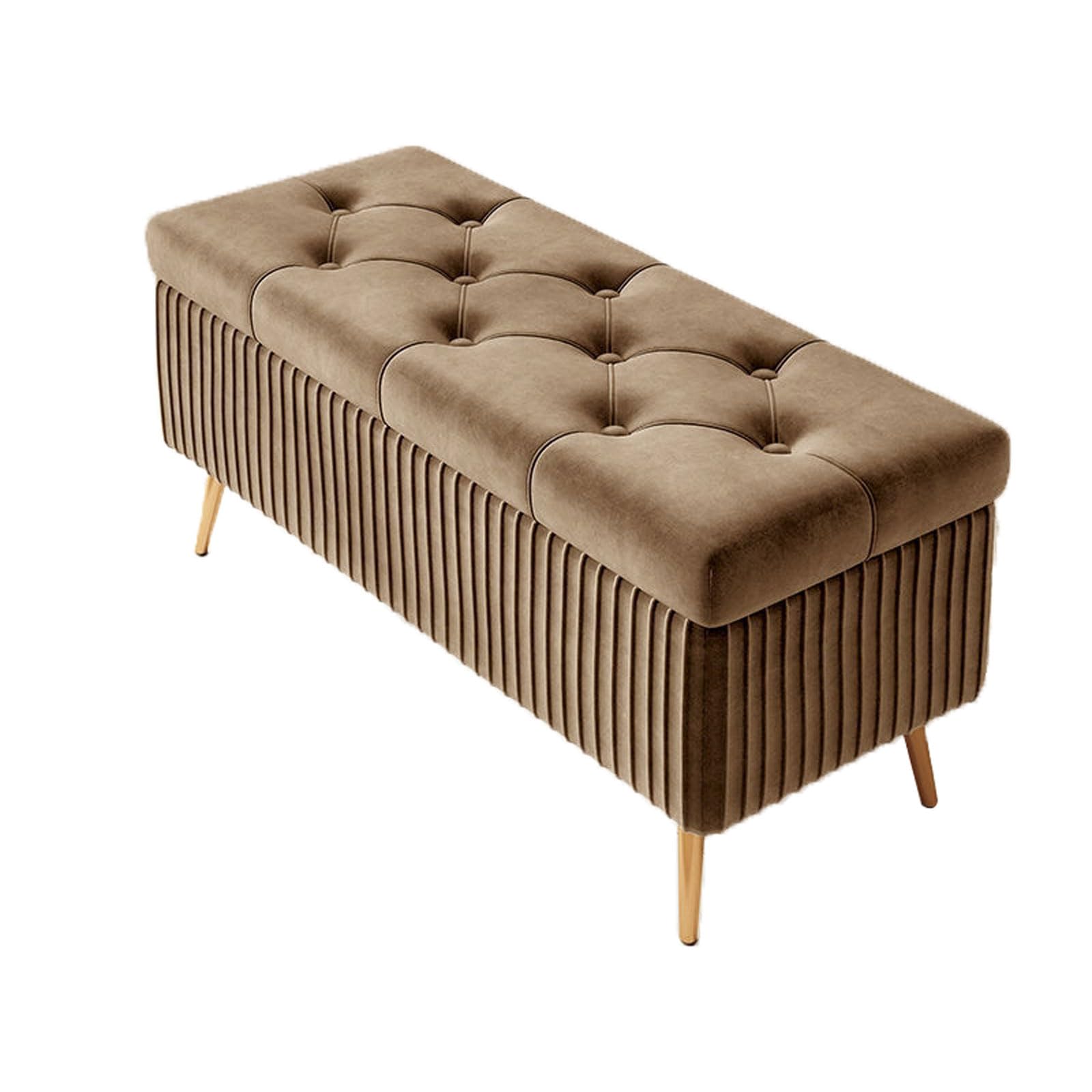 Banc ottoman de rangement luxueux avec piètement métallique et tissu velours