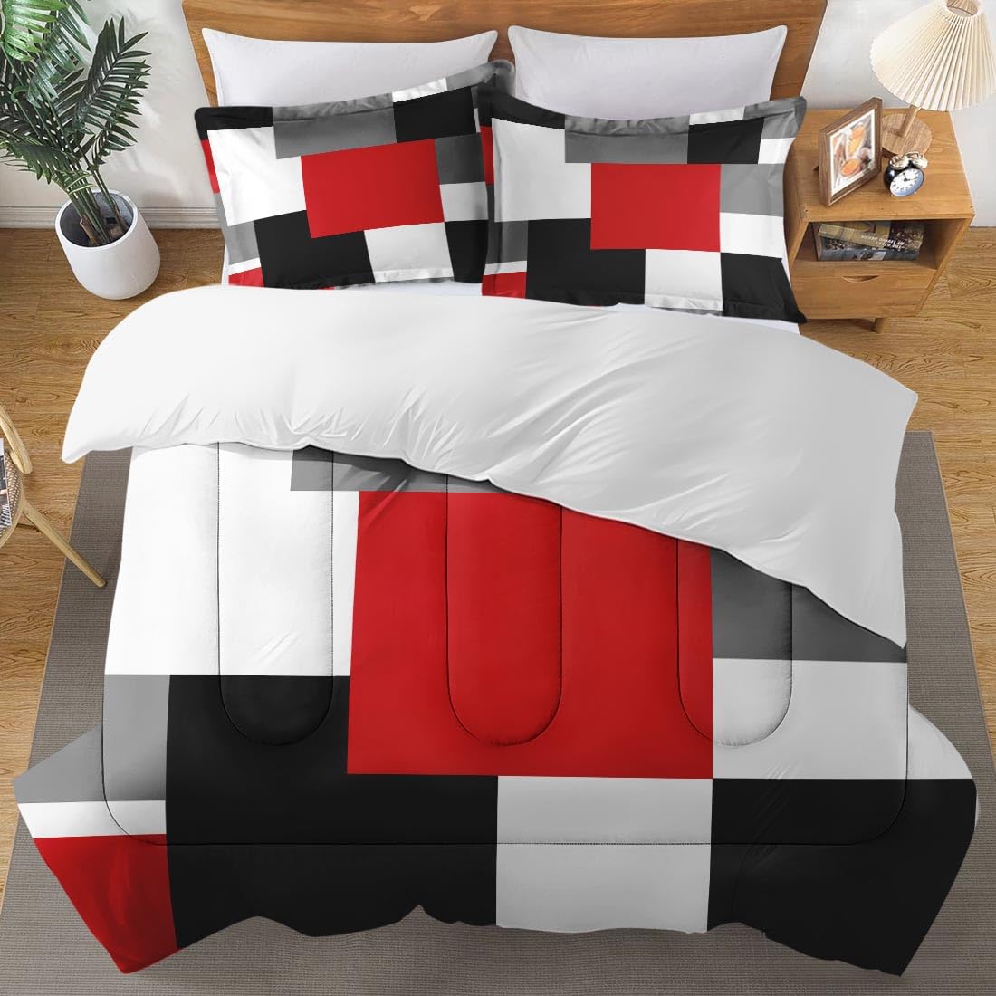 Culudea Geometric Red Checkered Comforter Set Full Size, Black and Gray Modern Soft Bedding Set with 2 Pillowcases for Girls Teens Kids Boys Adults Bedroom Bed Decor,1 Quilt 2 Pillow Cases