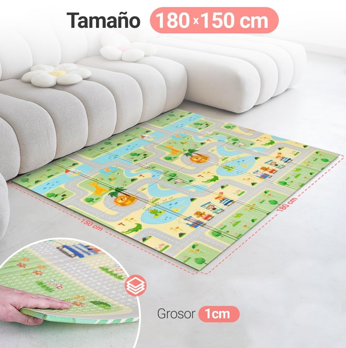 MIKMEL Alfombra Bebe Acolchada Plegable Reversible – Tapete Actividades y Juegos para Niños, Colchoneta de Suelo XPE Impermeable para Gateo – Diseño Carreteras/Animales – 180x150x1cm