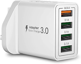 USB Plug Charger, 4-Port USB Fast Charger Plug with 33W Intelligent Quick Charge 3.0 Wall Charger, Multi USB Power Adapter UK Fast Charging for iPhone 15 14 13 Pro Max X 8 7 6,Samsung S21 S20 S10 S9