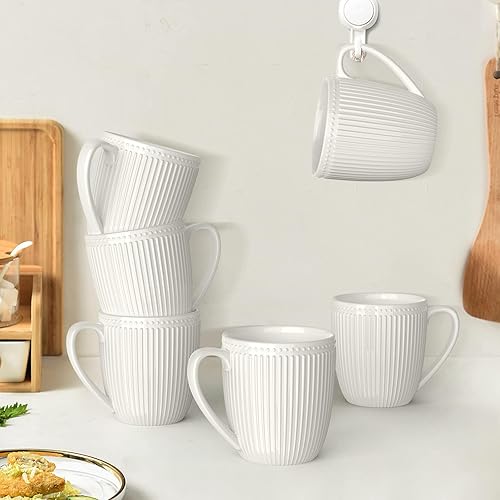 Miniatura 5 de Juego de 6 tazas de café blancas de 16 onzas, tazas de porcelana, grandes y fáciles de agarrar, juego de tazas de café en relieve para café, color