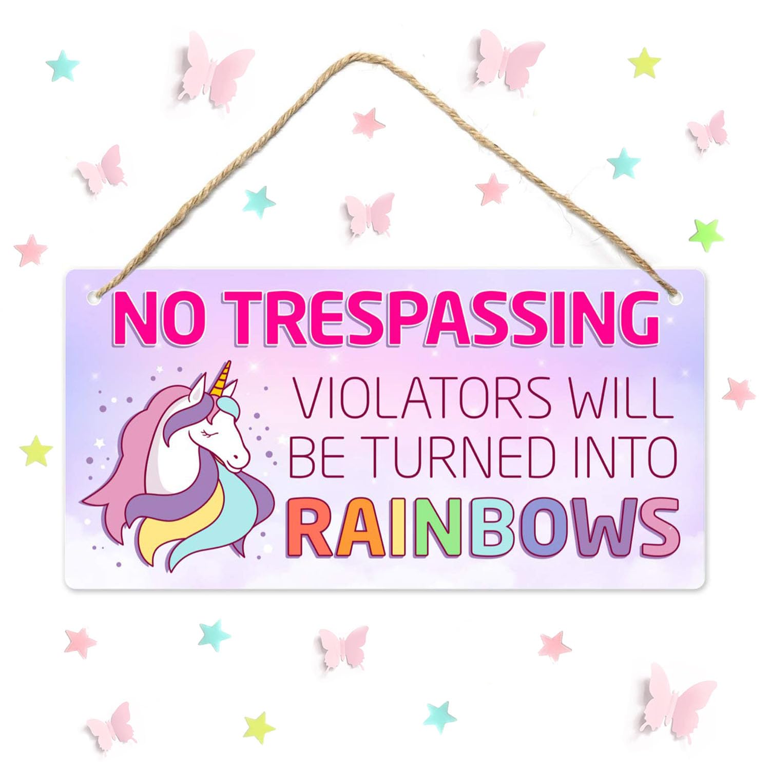Juego de unicornio para letreros de habitación para niñas letrero colgante de plástico, Juego de decoración de habitación de unicornio, PVC de 12 x 6 pulgadas (con mariposas 3D y estrellas brillantes)