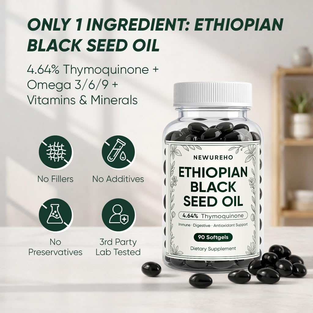 Ethiopian Black Seed Oil, 100% Pure Black Seed Oil 800mg Supplement, Supports Immune & Digestive Health, Easy-to-Swallow Softgels, 60 Softgels