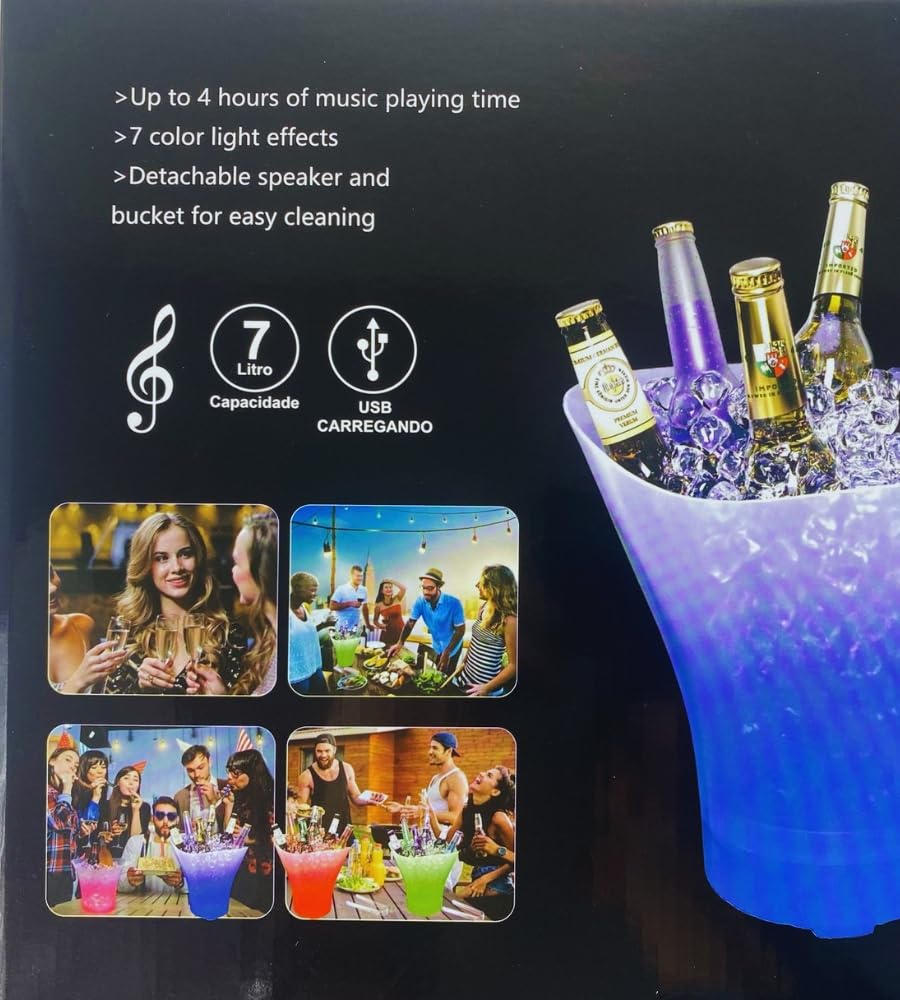 Generico Secchiello Ghiaccio LED da 7 L, Cestello per Champagne con Speaker BT, Seau Glaces Ghiaccio con Luce LED RGB Colorata, Beverage Beer Freezer Bar Club, 32 x 30 x 28 cm
