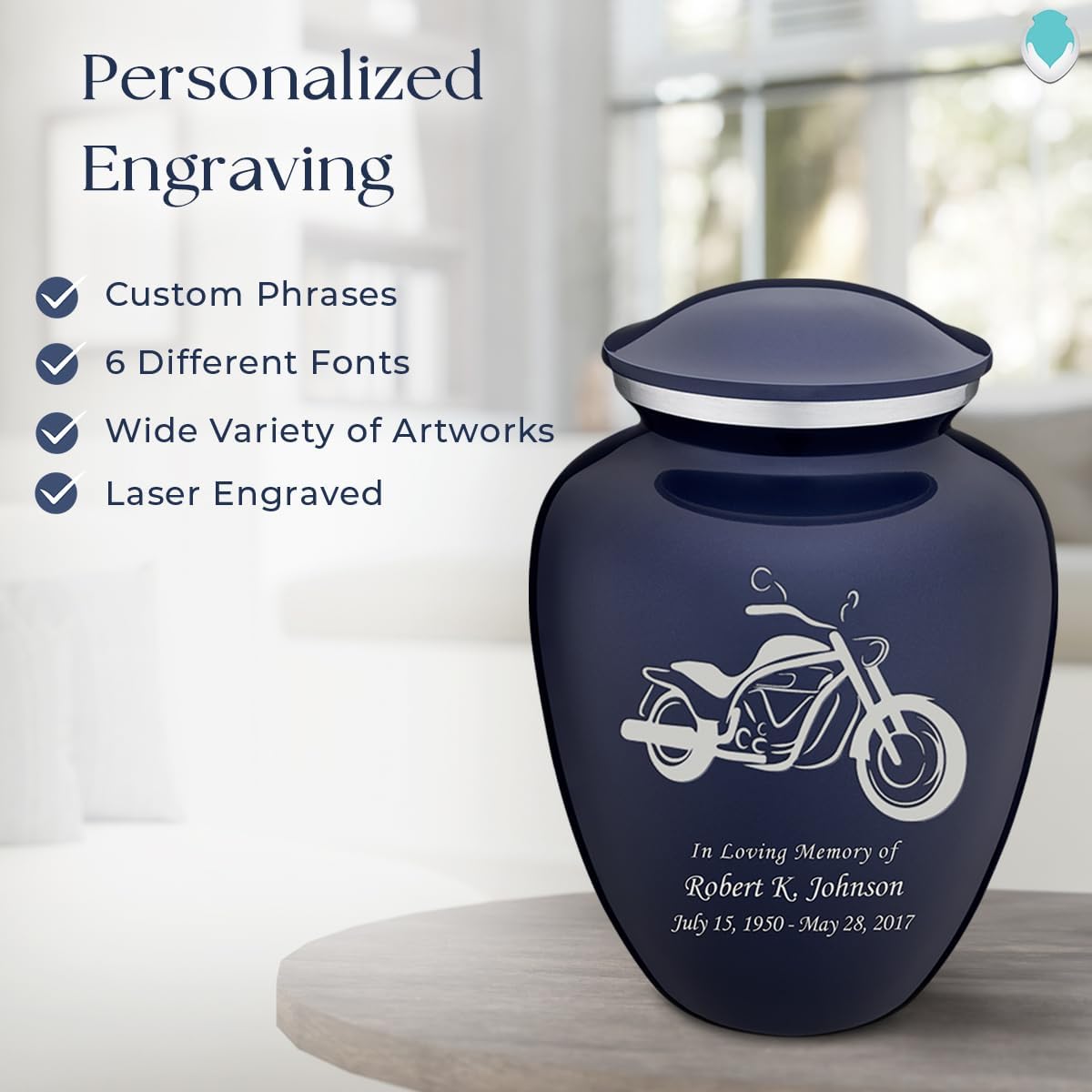 Geturns Embrace Adult Personalized Motorbike Cremation Urns for Human Ashes I Extra Large Cobalt Blue Funeral Urn for Men and Women I 300lbs