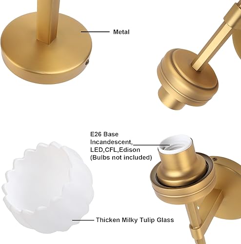 Miniatura 6 de Yosoan Brass Boho Indoor Vintage Wall Sconce Set of 2, Modern Vanity Gold Industrial Hardwired Wall Mounted with Milk Transparent Tulip Flower Shade
