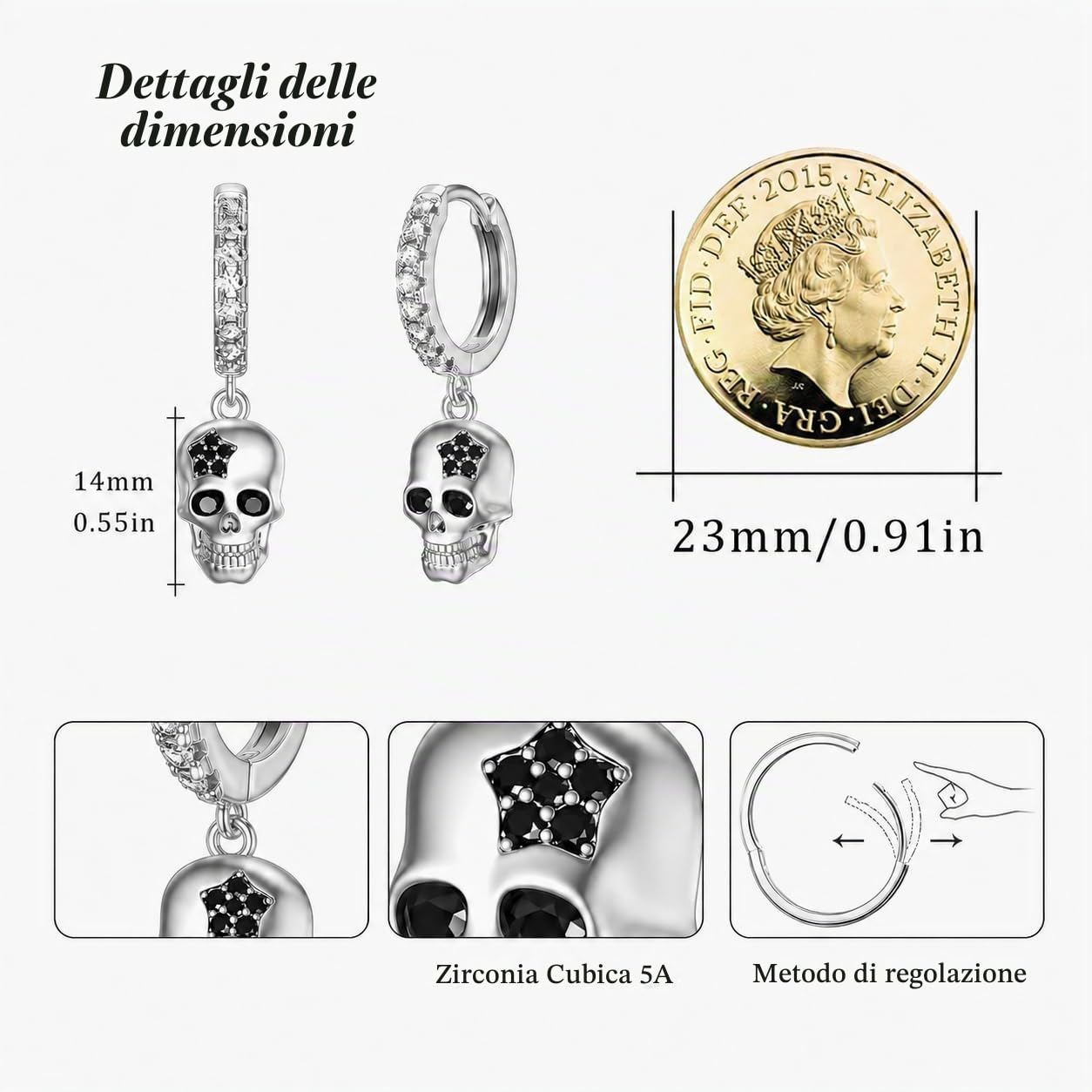 Orecchini Teschio Argento 925 Huggie Cerchi per Donna con Zirconi, Cerchietti Pendenti, Gioielli Goth Halloween, Regali per Donna e Uomo
