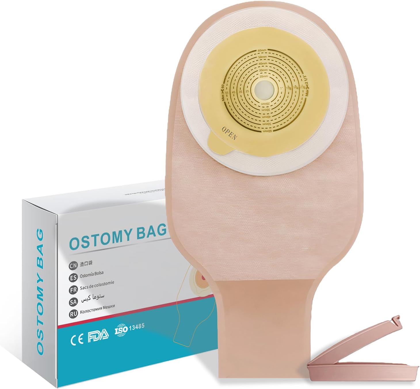 20 Pack Ostomy Bags, One-Piece Drainable Pouches with Clamp Closure, Leak-Proof & Odor-Proof for Colostomy Ileostomy Urostomy, Stoma Care Supplies, Cut-to-Fit 20-60mm (4 Clamps Included)