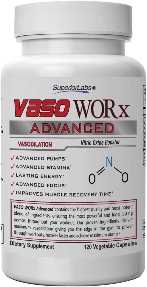 Superior Labs - Vaso Worx Advanced - Vasodilation, No2 Booster Supplement for Maximum Pumps, Endurance & Energy - Vascular Booster - 120 Vegetable Capsules