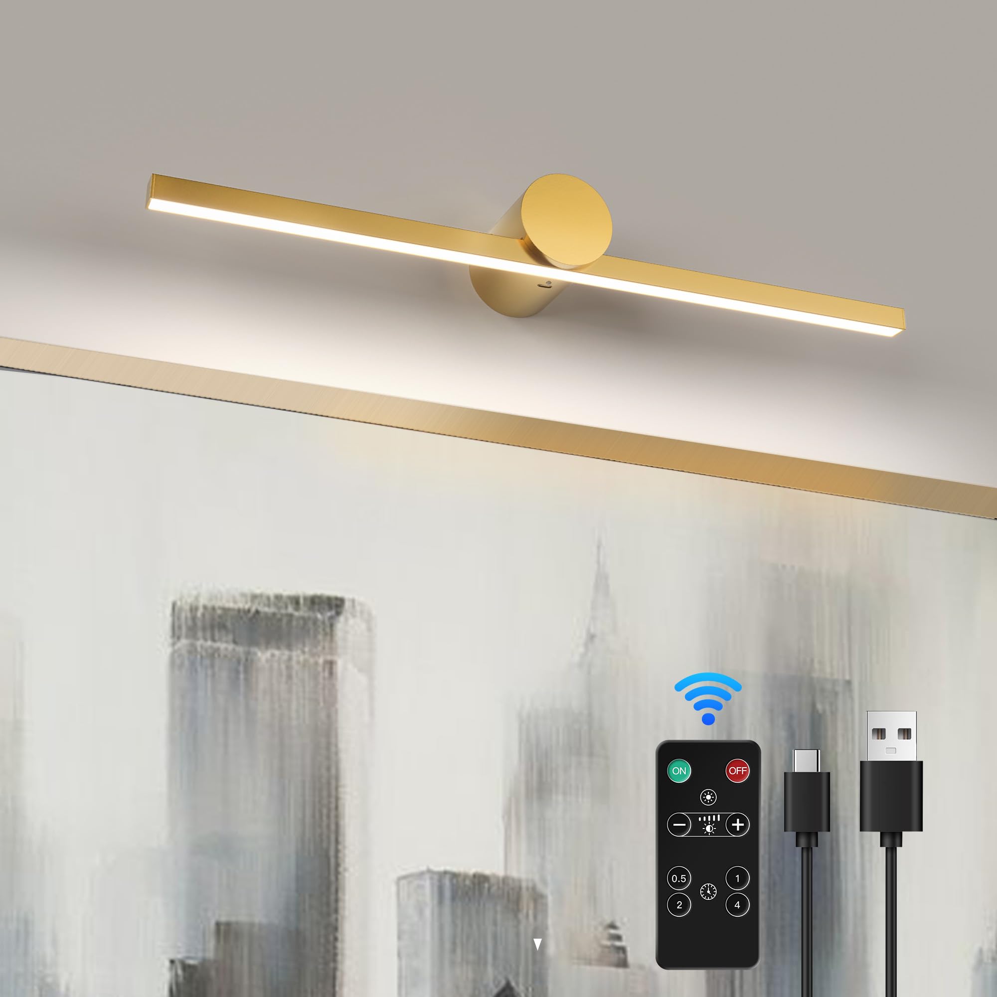 ZitoStory Battery Operated Picture Light with Remote,Wireless Dimmable Art Lights for Paintings Rechargeable Gallery Light Artwork Lighting for Canvas, Portrait (Gold,20'' Inch)