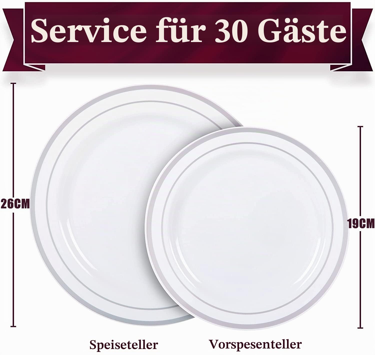 LATERN 60 Stück Mehrweg Silbernes Plastikgeschirr, 30 Stück 26cm Große Speiseteller + 30 Stück 19cm Salatteller, Wiederverwendbare Plastikteller für 30 Gäste Hochzeitstag Garden Dessert Party