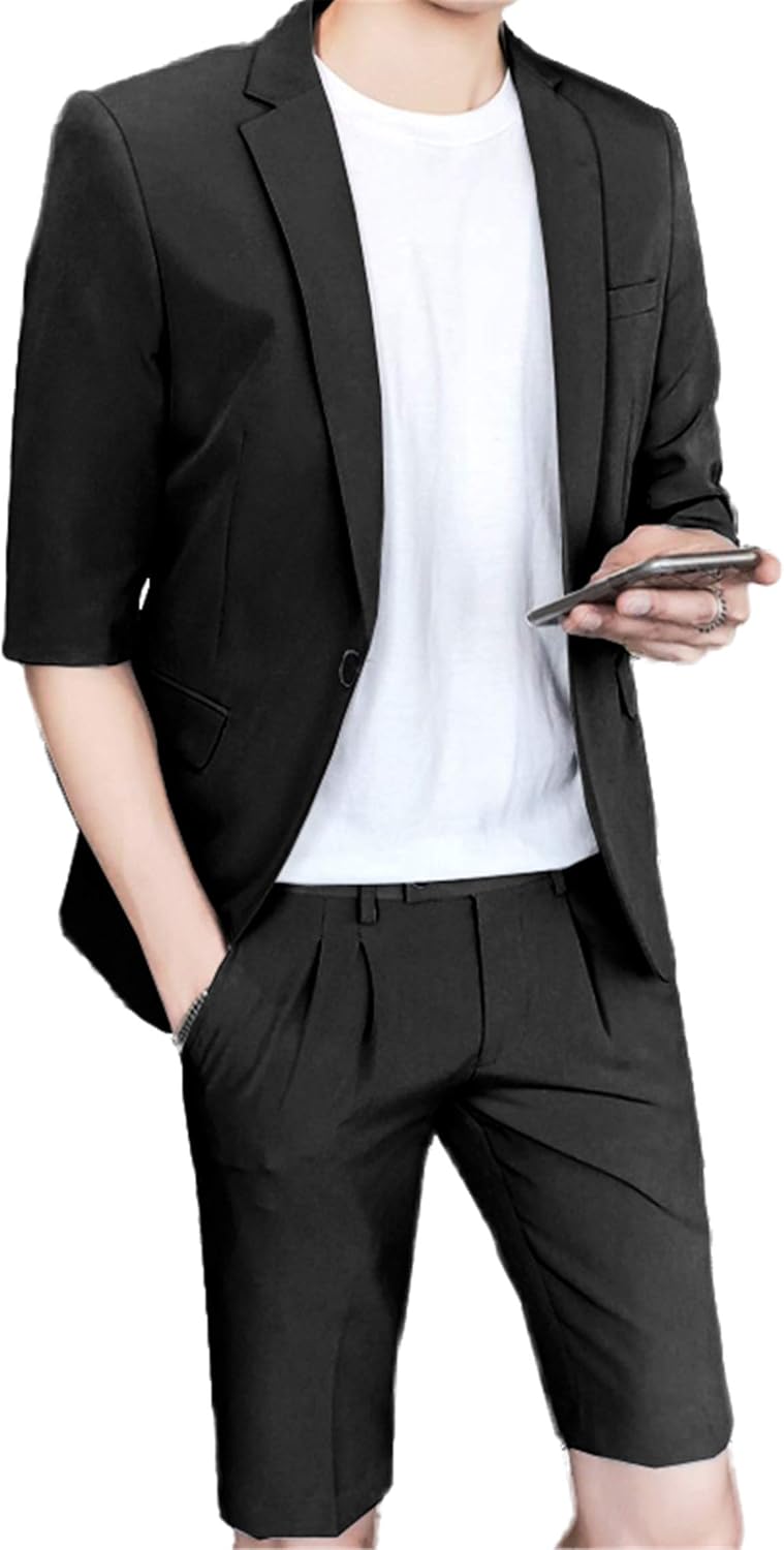 Mens Casual Tailored Blazer Short Sleeve One-Button Lightweight Suit Jacket