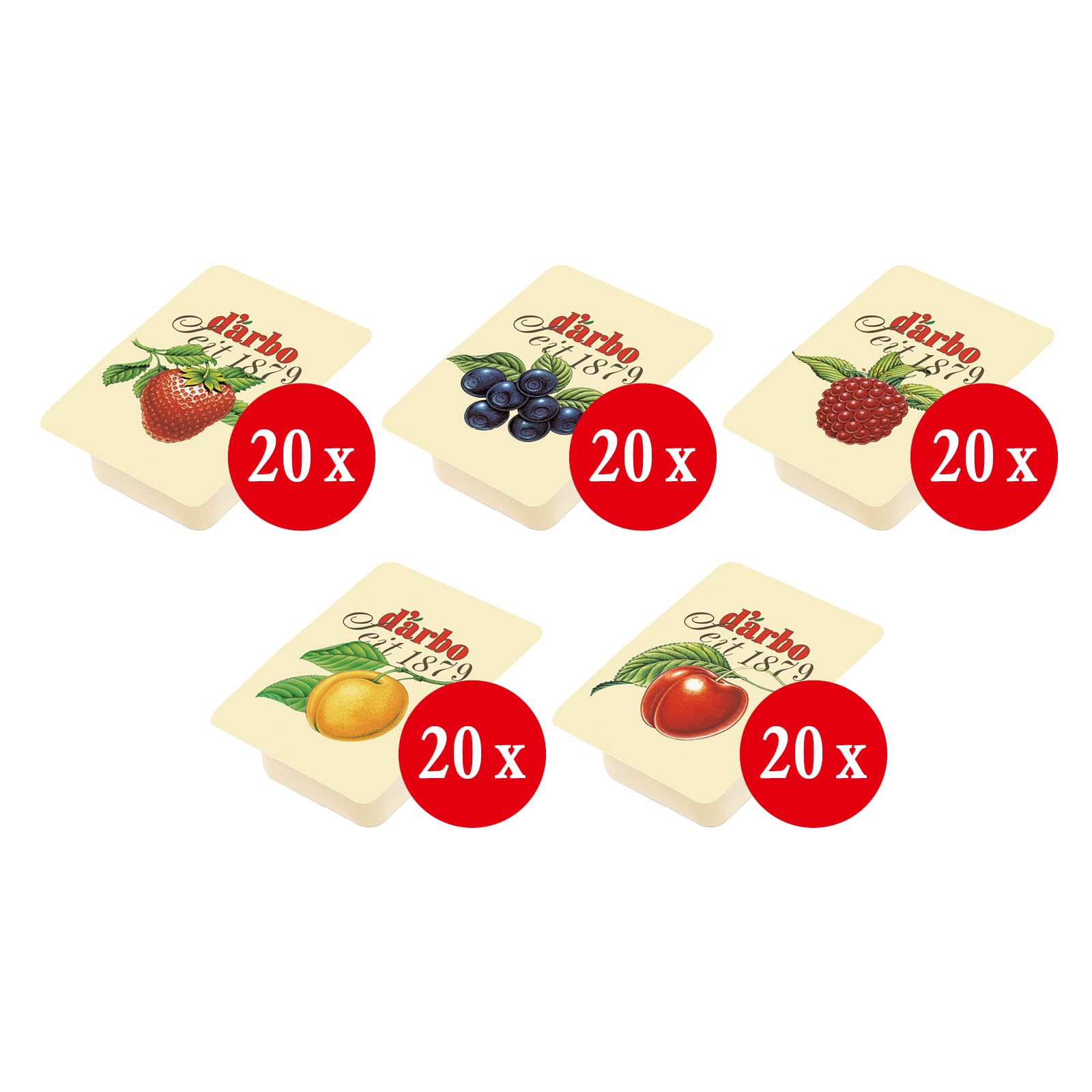 Darbo, Confetture Spalmabili Assortite, Mix di Marmellate Monoporzione al Lampone, Fragola, Albicocca, Ciliegia e Mirtillo Nero, 100 Confetture da 25 g, 20 Porzioni per Gusto, Formato Convenienza