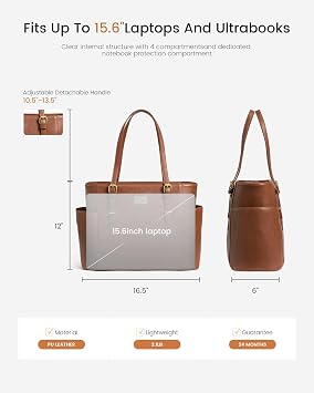 LOVEVOOK Laptop Tote Bag for Women, Vintage Leather 15.6 Inch Work Tote with Large Water Bottle Pocket, Teacher Nurse Professional Computer Bag, Office Briefcase Handbag Gift, Brown