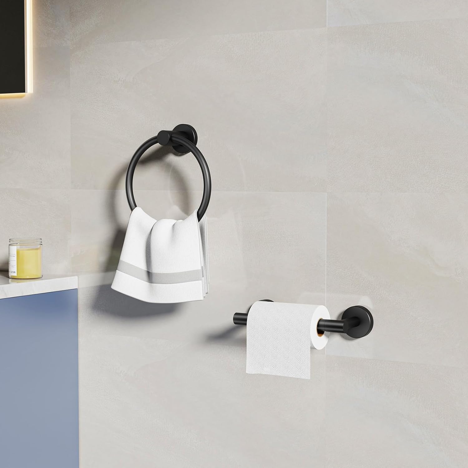 Matte Black Toilet Paper Holder Wall Mount & Towel Holder, Bathroom Hardware Set-SUS304 Stainless Steel Double Post Pivoting Tissue Roll Holder and Hand Towel Ring Set for Bathroom, RV