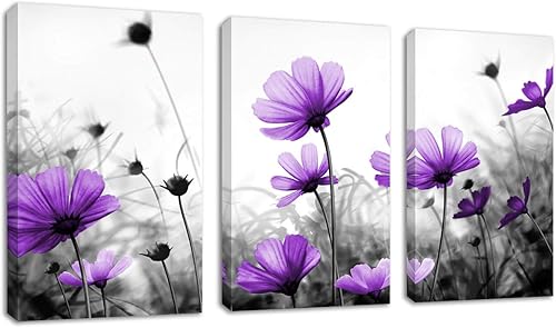 Lienzo decorativo para pared, diseño de flores silvestres moradas, fondo blanco y negro, 3 piezas, arte contemporáneo para decoración del hogar,