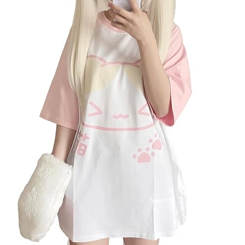 RILGOU Harajuku Kawaii Gothic Clothes Casual Crewneck Pink Raglan Sleeve Cartoon Graphic Cute Kitty Print T-Shirt - Pink - Medium